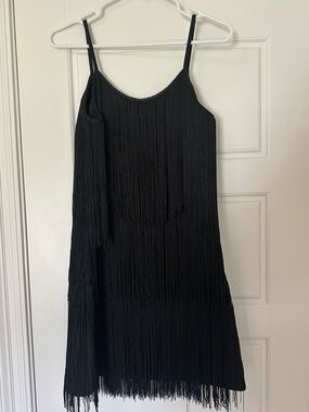Alythea Black Fringe Spaghetti Strap Mini Dress